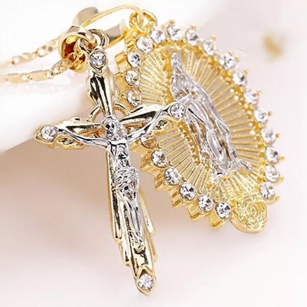 Men 18K Gold Plated Cross Crucifix Necklace Virgin Mary Crucifix Jesus Pendant