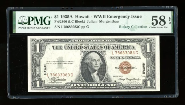 DBR 1935-A $1 Silver Hawaii LC Block Fr. 2300 PMG 58 EPQ Serial L78683083C