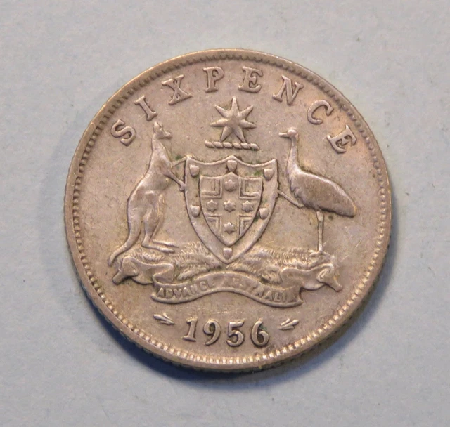 1956 Australia Sixpence Silver Coin Queen Elizabeth 6 Pence Kangaroo Emu Bird