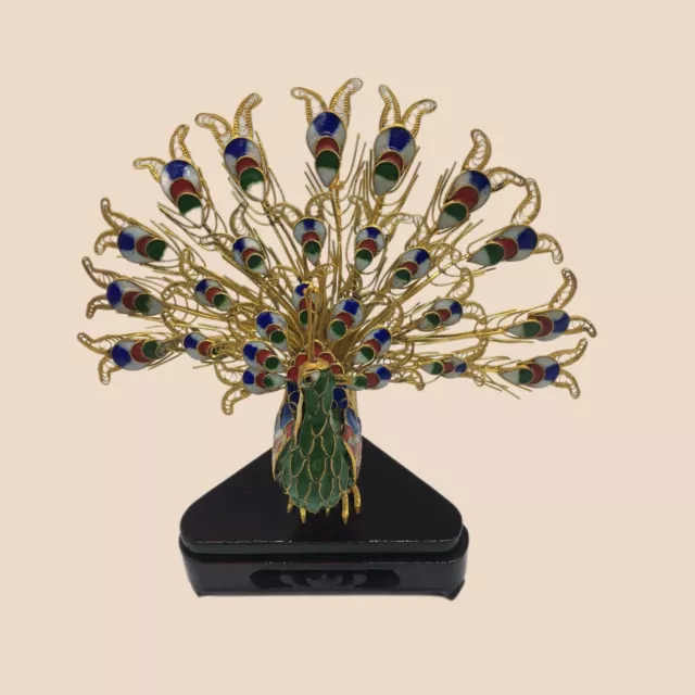 Cloisonne Peacock Figural Sculpture Wood Stand Gold Tone Filagree Feathers Bird