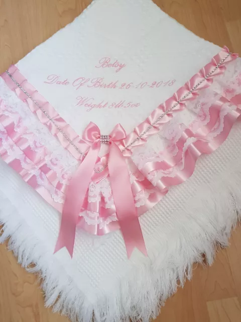 beautiful PERSONALISED white/pink baby girls shawl **NEW**