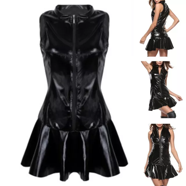 Abito da donna Wetlook lucido in pelle PVC con pieghe stile corto per club