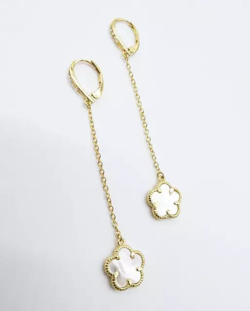 NEW 18kt Gold Plated Mother Pearl Shell 5 Petal Flower Chain Crystals Earrings