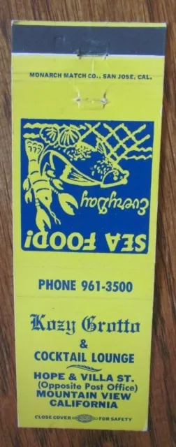 Animal Lobster Matchbook Matchcover: Kozy Grotto (Mountain View, California) -F1
