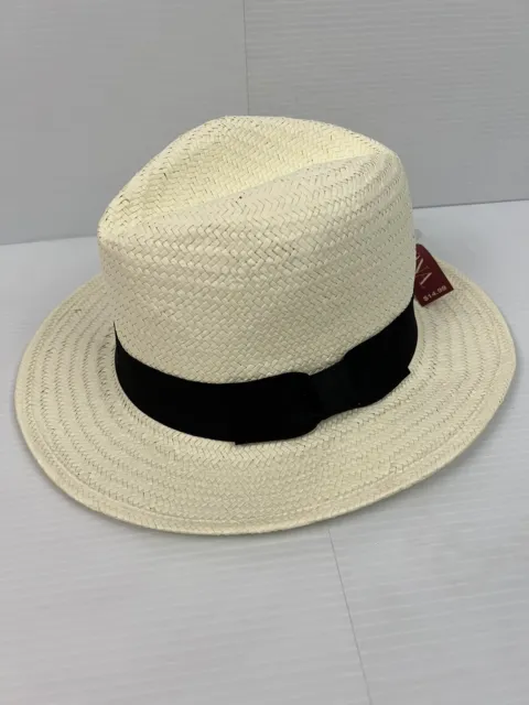 Merona Women's Fedora White Paper Straw Woven Panama Sun Beach Hat Black Bow NWT