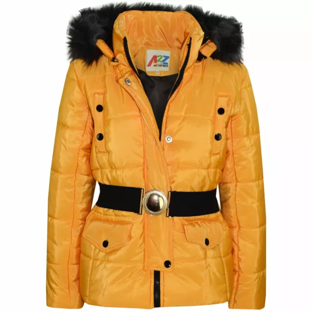 Kids Girls Puffer Jacket Mustard Faux Fur Hooded Padded Zipped Belted Warm Coats