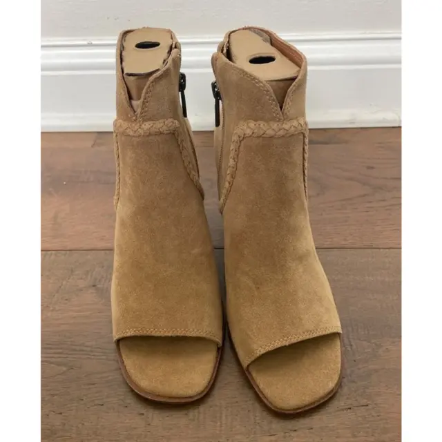 Lucky Brand Lureli Wedge Bootie Suede Peep Toe Ankle Boots Tan Women's Size 7