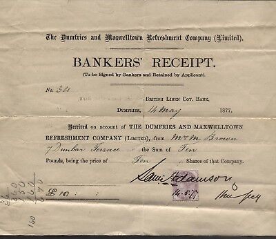 1877 Dumfries & Maxwelltown Refreshment Co. Ltd. Banker's Receipt, To Mrs. Brown
