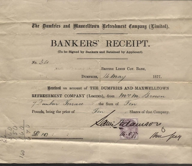 1877 Dumfries & Maxwelltown Refreshment Co. Ltd. Banker's Receipt, To Mrs. Brown