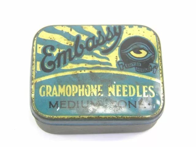 Antique tin plate box of Embassy Medium Tone Gramophone Needles