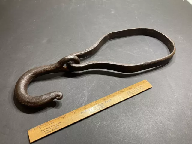 Antique Hook Hand Forged Wrought Iron Hanger Hoist Pulley Tow Tool Primitive