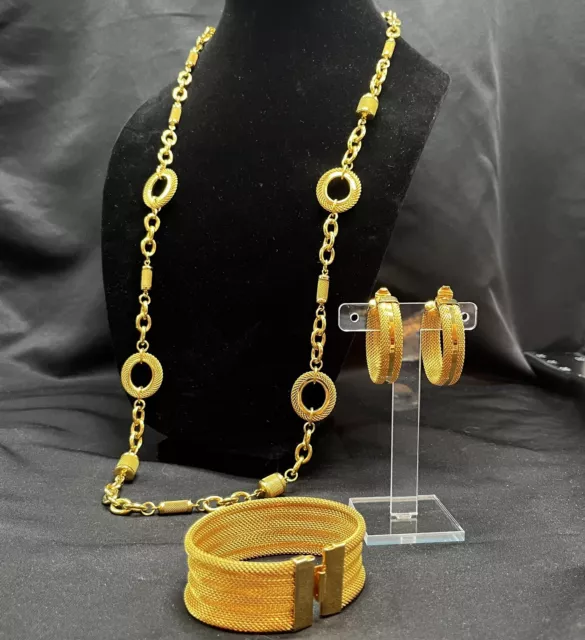 VTG 90s MONET 3 PIECE GOLD MESH NECKLACE Bracelet Earrings SET Statement Signed