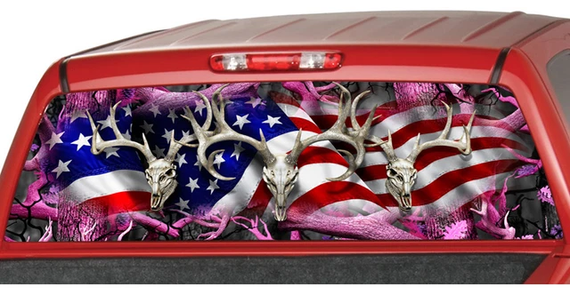 AMERICAN FLAG BUCK SKULL IN PINK Rear Window Graphic Decal Tint suv camouflage