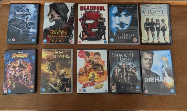 Bundle Of 10x Action Adventure Movie Dvds VGC DeadPool 2, Die Hard, Hunger Games 2