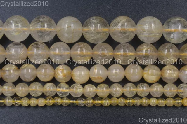 Natural Golden Rutilated Quartz Gemstone Round Beads 4mm 6mm 8mm 10mm 12mm 15.5"