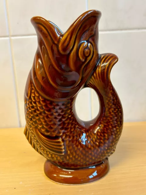 Vintage Dartmouth glossy brown Fish Glug Jug 18cms gurgle vase 2 small chips