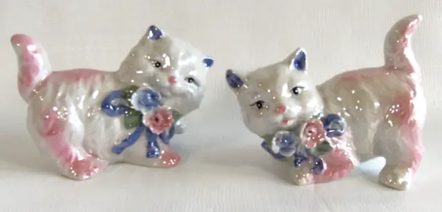 2 Vintage Iridescent Ceramic Cat Figurines  White, Pink, Blue~ 5 inches