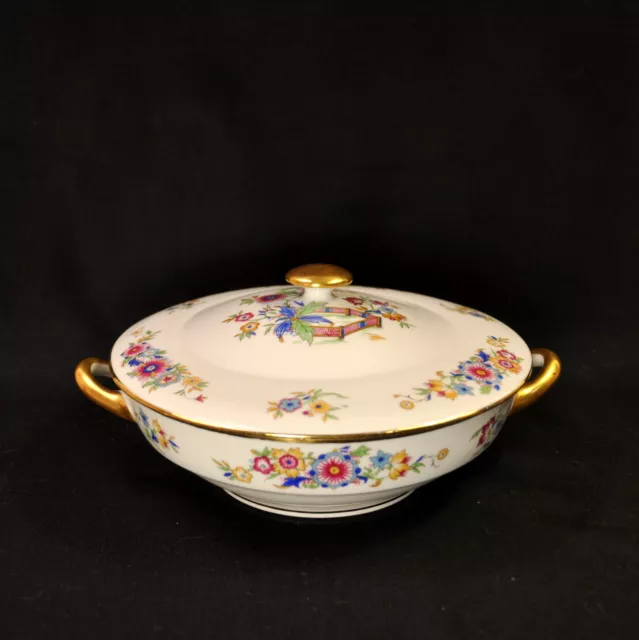 Limoges Charles Ahrenfeldt Bowl Round Covered Vegetable Floral Fence 1894-1910