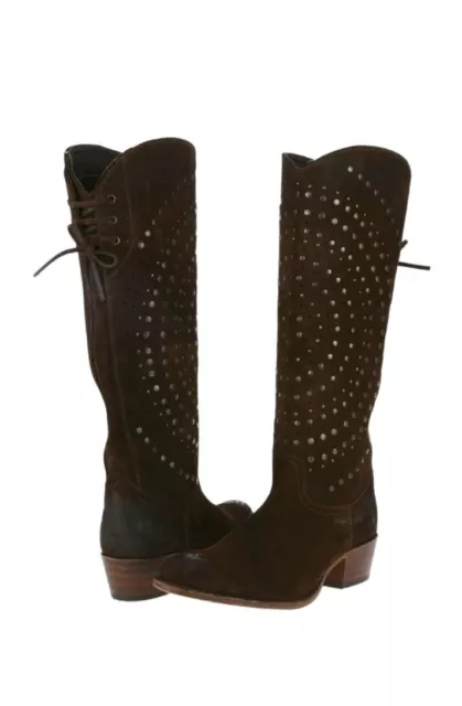 Frye Brown Deborah Tall Studded Suede Knee Boots Laser Cut Western Cowboy Boot