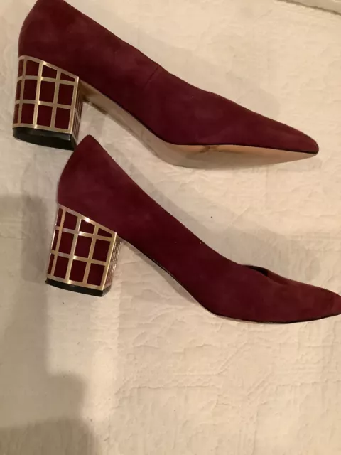 Brian Atwood Suede Block Heel Pumps Burgundy /Gold Women's US 7.5