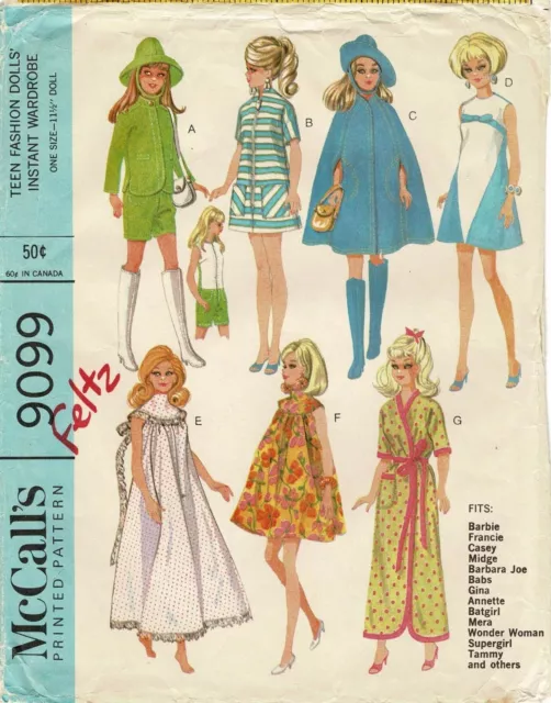 Barbie 11½" Doll Clothes Instant Wardrobe McCall's 9099 Vtg 1967 Sewing Pattern