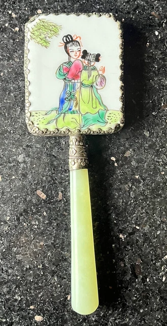 Vintage Japanese Mirror Hand Painted Geisha Girls Porcelain Top, & Jade Handle