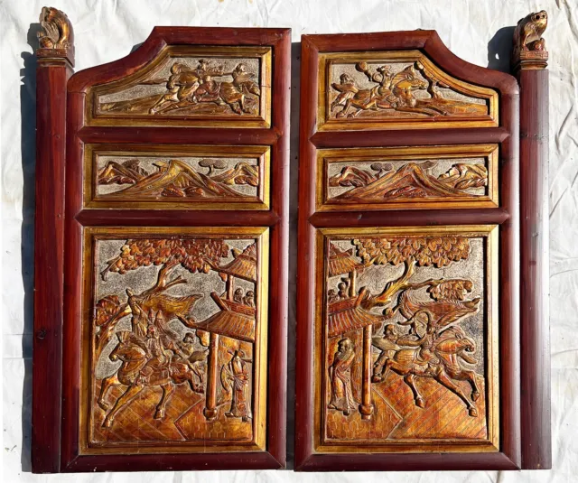 Antique Chinese Red & Gilt Wooden Carved Door Panel, 2 pieces