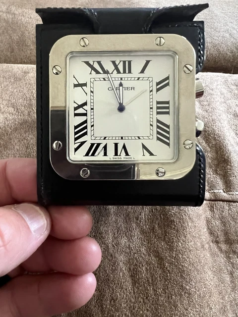 Vintage Genuine Cartier Santos Travel Alarm Clock 2750 Quartz Silver & Leather