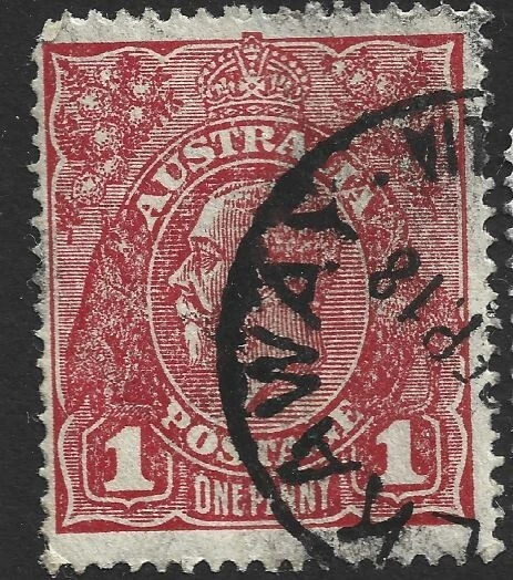 Australia KGV 1d Stamp- rough paper Single watermark with WA postmark- Walkaway