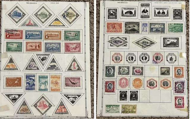 Early Nicaragua Stamps Lot On Album Page 2 Sides, Mint, Used, Triangles, Diamond