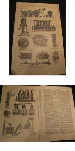 Holzstich ca.1898-Zuckerfabrikation-Geräte mit Bericht 1898 diverse Maschinen