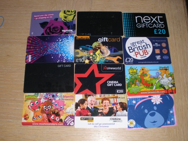 UK Miscellaneous #1    12 different new and used collectible gift cards