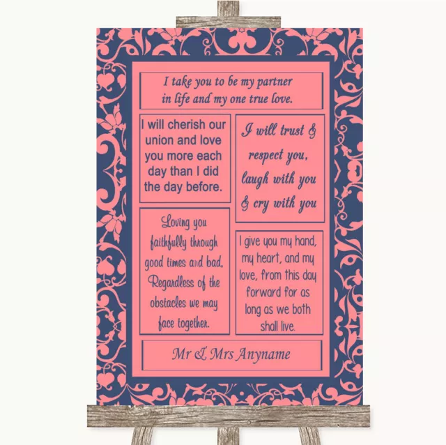 Coral Pink & Blue Romantic Vows Personalised Wedding Sign