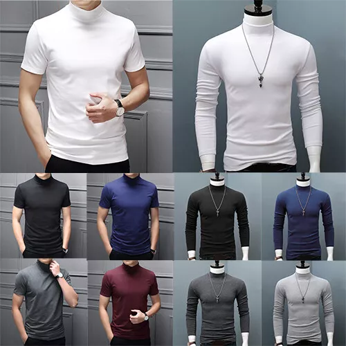 Mens High Neck Basic Tees T-Shirt Short/Long Sleeve Plain Pullover Slim Tops UK