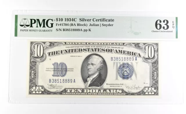 PMG 63 Choice Unc EPQ 1934 C $10 Silver Certificate Blue Seal Fr#1704 *1008
