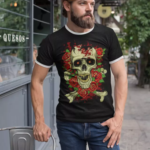 T-shirt da uomo Skull Crossbones Roses Ringer rotta gotica punk biker rock