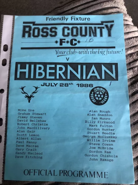 Ross County V Hibernian Hibs 28/7/86 1986 Match Programme Friendly