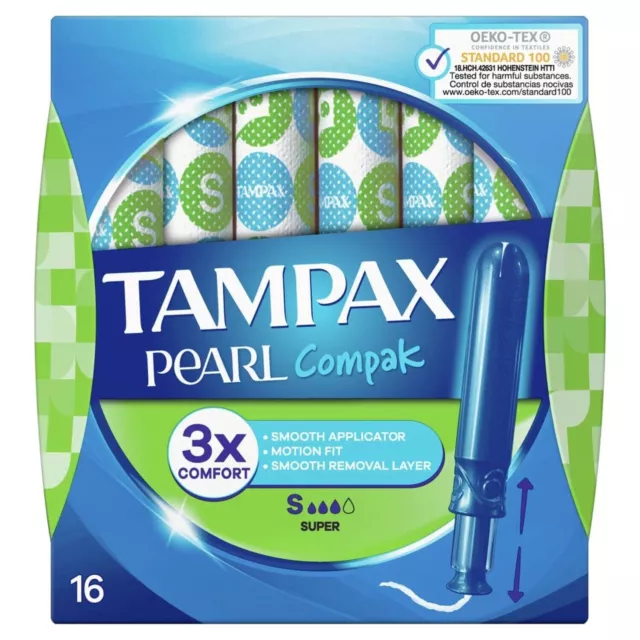 Súper tampones compactos de perlas Tampax con aplicador, paquete de 16
