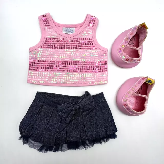 Build a Bear Pink Sequin Tank Top Denim Jean Tulle Skirt Shoes Teddy Clothes