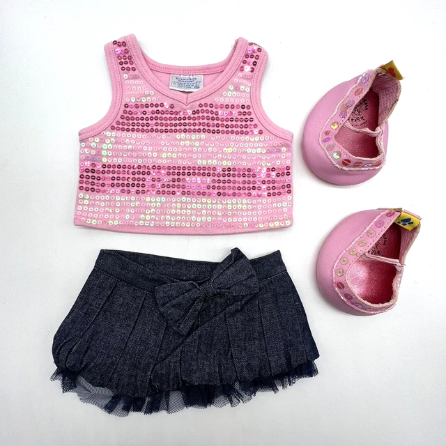 Build a Bear Pink Sequin Tank Top Denim Jean Tulle Skirt Shoes Teddy Clothes