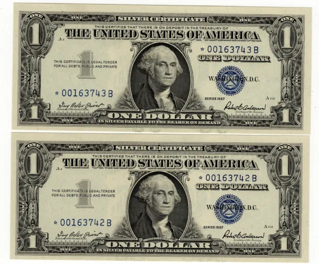 1957 $1 Silver Cert. *Star* ~ Crisp Uncirculated 2 Notes In Serial # Sequence!