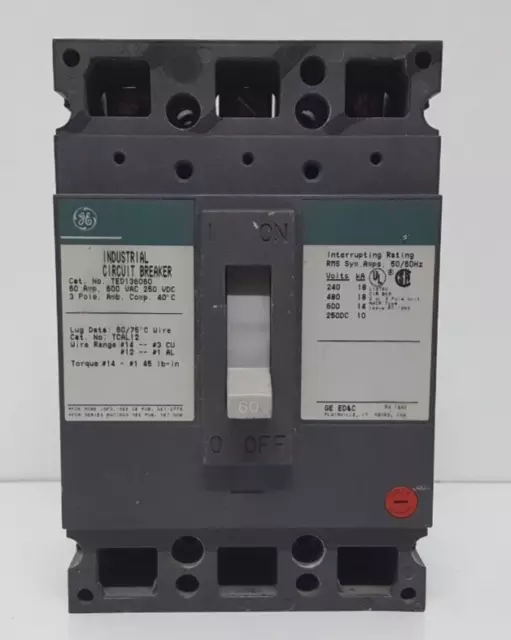 GENERAL ELECTRIC TED136060 Disjoncteur 60AMPS 3POLE 600VAC 250VDC / Testedok 2