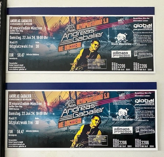 2X ANDREAS GABALIER Konzertkarten/Tickets Olympiastadion München 22.06. ...