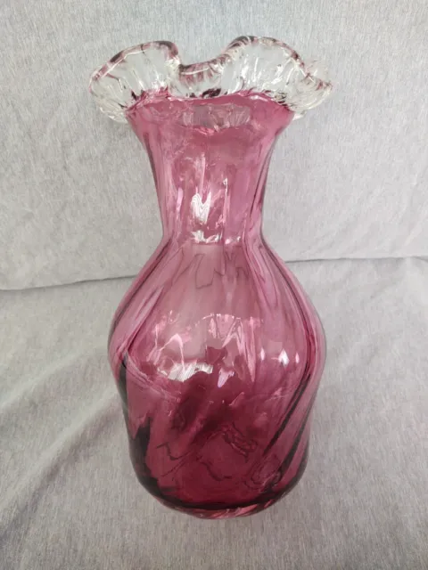 Hand Blown Cranberry Glass Swirled Vase Ruffled Silver Crest