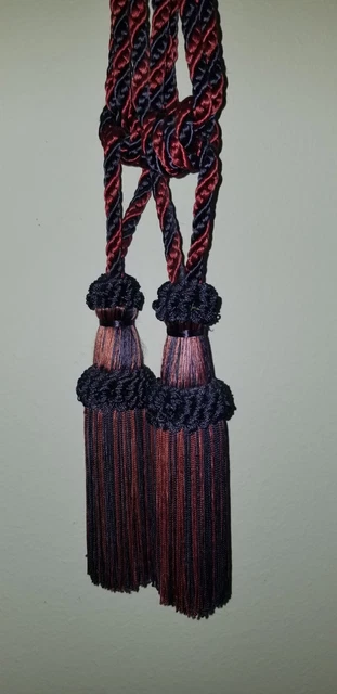 (2) Curtain Tie Backs, Drapery Tie Backs Rope Tassels Navy & Burgundy  24" long
