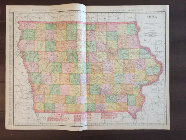 Large 21" X 28" COLOR Rand McNally Map of Iowa  (1905)