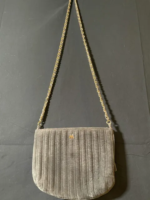 VTG Mary Ann Rosenfeld Gray Suede Quilted Crossbody Purse Chain Strap TASSEL