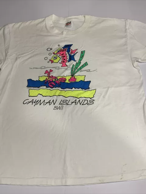 Vintage CAYMAN ISLANDS 1989 Anvil White Print T Shirt Size XL Made In USA