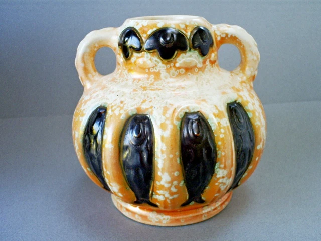 Vintage Czech Ditmar Urbach Alienware 2-Handled Orange Mottled Fish Vase Vintage Czech Ditmar Urbach Alienware 2-Handled Orange Mottled Fish Vase