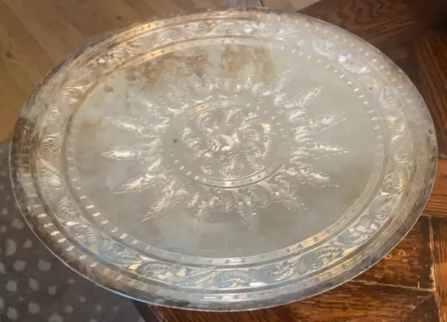 Vtg Middle Eastern PERSIAN 875 Silver Hand Engraved Footed Serving PLATE art